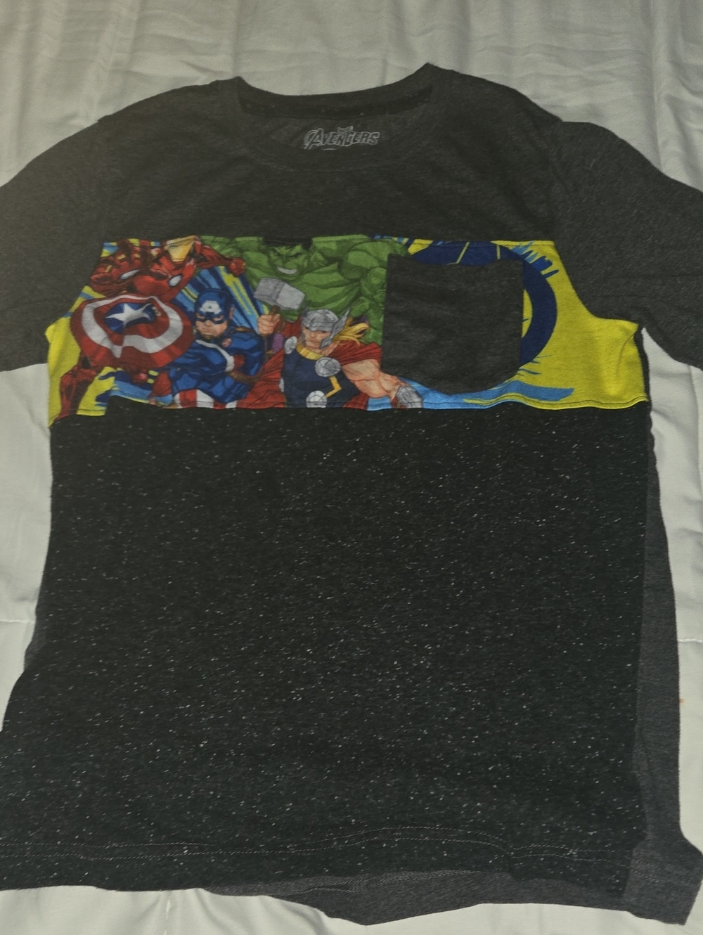 Disney Black Heather Short Sleeve Tee with Colorful Superhero Panel
